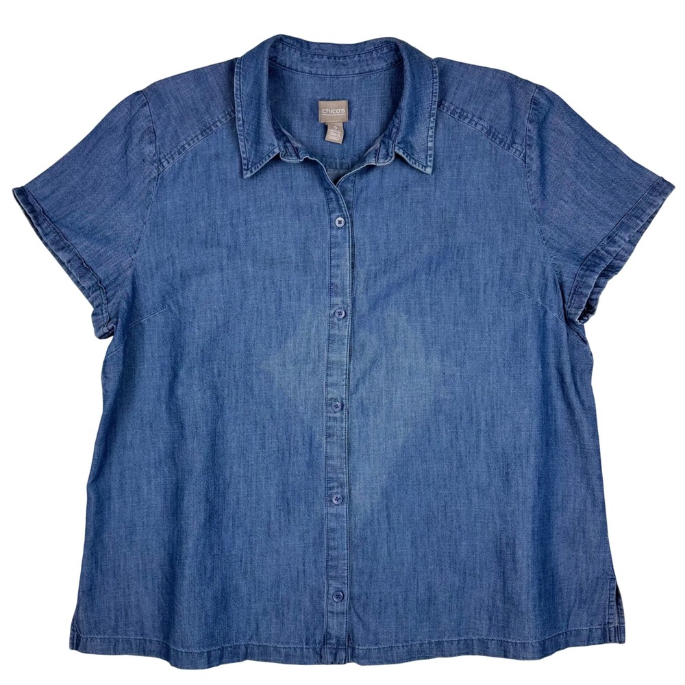 Chico's Button Front Top Chambray Short Sleeve Women 3 / XL Blue Minimalist Chic